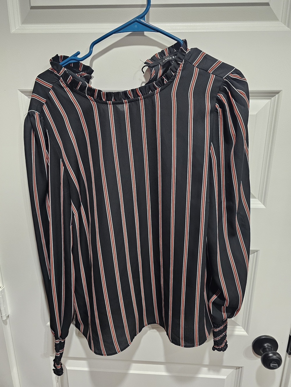 Haute Monde Black Blouse with Rust & White Stripes